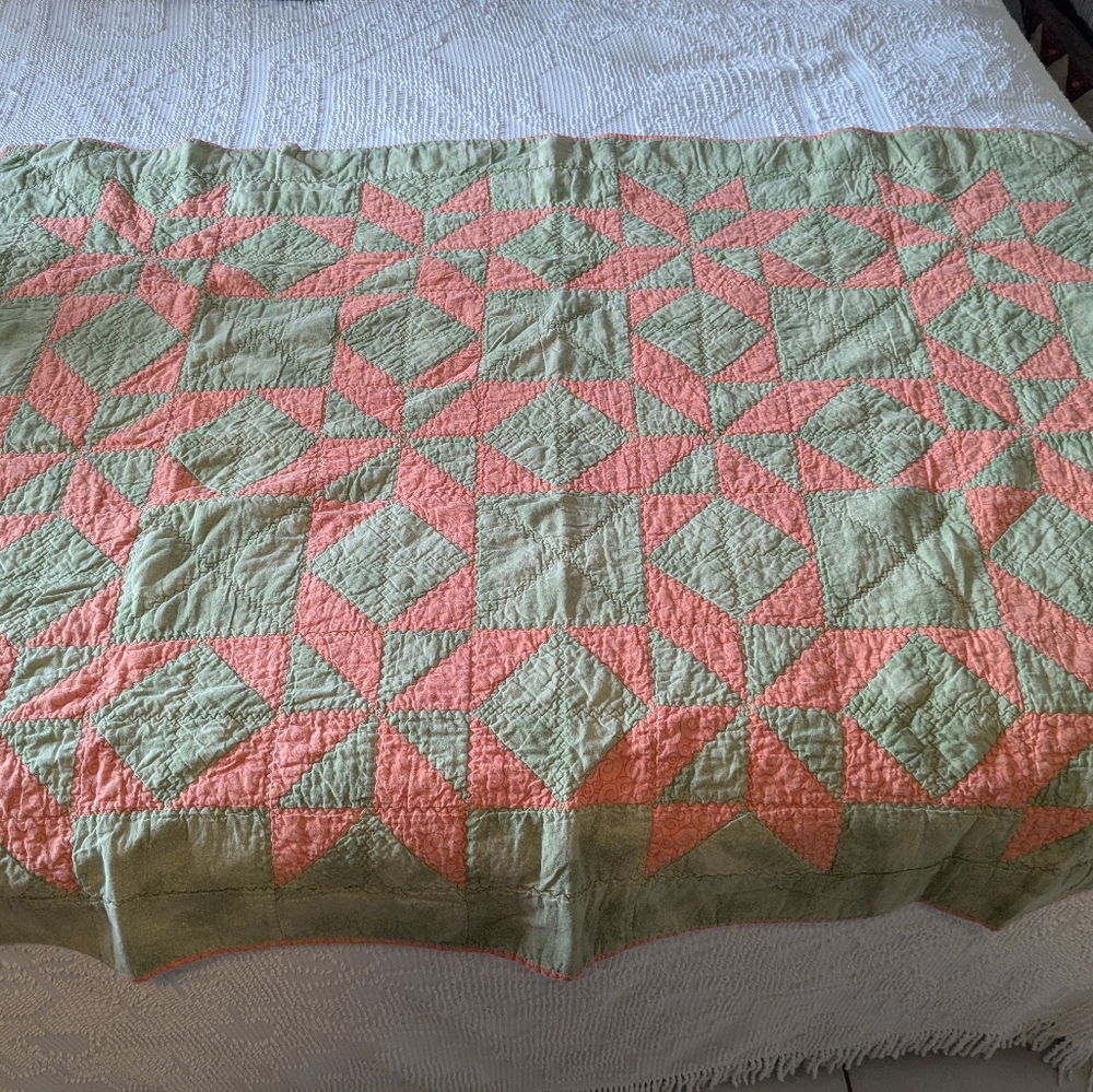 Green and Pink Quilted Bedspread Throw